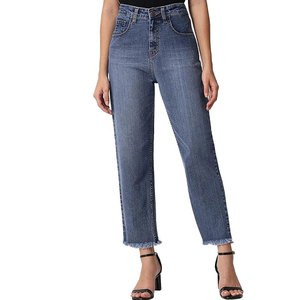 High Waist Womens Straight Leg <b>Denim</b> Jeans Frayed Raw Hem Blue <b>Stretch</b> Pants Casual Ankle Length Trouser Spring Style - Product Image 1