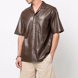 <b>Men's</b> <b>Brown</b> Leather Short Sleeve Casual <b>Shirt</b> Turn-down Collar Solid Color Summer Wear - Product Image 1