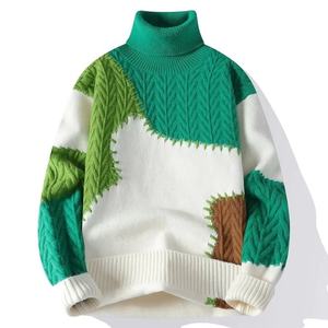 Patchwork Knitted Pullover <b>Sweater</b> <b>Turtleneck</b> Thick Winter Warm Full Sleeve Spliced Design Crew Neck Casual Wear - Product Image 3