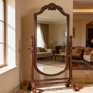 Miroir sur pied simple, pleine longueur, encadré en bois brun foncé avec support arrière, disponible à prix de gros. - Product Image 4