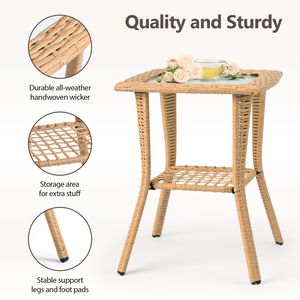 Tavolino Laterale in Vimini Beige per Esterni con Piano in Vetro, Tavolino in Rattan per Interni, Giardino, Portico, Balcone, Patio, Tavolino da Caffè e Bistrot - Product Image 4