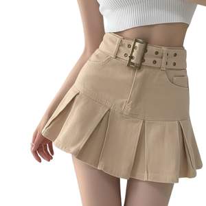 กระโปรงยีนส์สั้นทรงเอวสูงจีบระบายสีกากีสำหรับผู้หญิง พร้อมเข็มขัด สไตล์ฮาราจูกุ ลำลอง ระบายอากาศได้ดี - Product Image 2