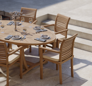 ชุดโต๊ะรับประทานอาหารกลางแจ้งทรงกลมไม้สักแท้ 6 ที่นั่ง พร้อมเก้าอี้มีที่วางแขน  ตกแต่งแบบธรรมชาติ เฟอร์นิเจอร์หรูหราสำหรับสวนและลานบ้านสำหรับวิลล่า - Product Image 3