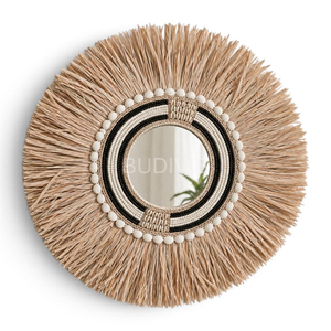 Layered Raffia Grass & Beaded Frame Wall <b>Mirror</b>, Ethnic Bohemian Decor <b>Mirror</b> Wall <b>Hanging</b> Decoration Ornament - Product Image 1