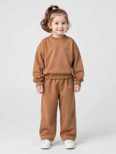 Ensemble de survêtement en coton marron pour filles, manches longues, col rond, coupe ample, couleur unie, pantalon de jogging avec poches latérales, tenue décontractée d'automne - Product Image 1