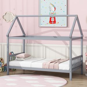 Letto a casetta grigio chiaro con testiera e pediera, per bambini, in legno di gomma, con design unico a forma di casetta - Product Image 5