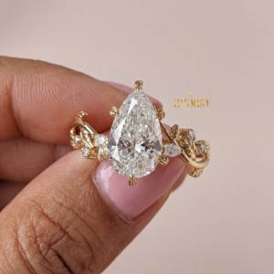 Anillo Romántico con Diamante Cultivado en Laboratorio, Corte Pera, VS, Diseño de Hoja Inspirado en la Naturaleza, Oro, para Compromiso, Boda, Aniversario, Propuesta de Matrimonio - Product Image 3
