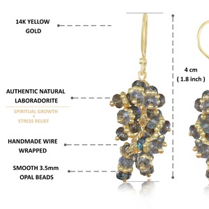 Boucles d'oreilles pendantes tendance en argent sterling plaqué or 14 carats avec grappe de labradorite naturelle pour femme, idéales pour mariage et anniversaire - Product Image 2