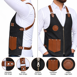 Tablier classique en jean avec poches et bretelles en cuir, vêtement de travail pour barbier, coiffeur, barman - Product Image 4