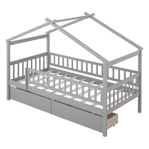 Letto a casetta in legno grigio a una piazza e mezza con due cassetti per bambini - Product Image 4