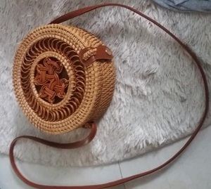 Natural Round Rattan Bali <b>Bag</b> with Leather Handle Handmade Woven Summer Beach <b>Bag</b> Vietnam Factory Supplier Manufacturer Export - Product Image 6