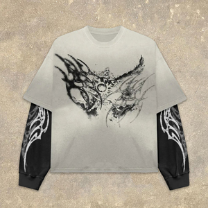 เสื้อยืดแขนยาวสองชั้นพิมพ์ลายสไตล์สตรีทแวร์ลำลองแบบดิสเทรส ไซส์พลัส สำหรับผู้ชาย รุ่น Y2K - Product Image 4