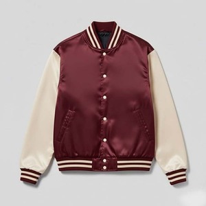 Blouson Bomber Homme en Satin Bordeaux Style Universitaire Color Block à Manches Longues, Col Montant et Boutons Pression – Style Urbain Tendance - Product Image 1