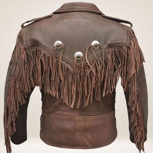 Men's Brown Leather <b>Biker</b> <b>Jacket</b> with Fringe Tassels Turn-down Collar Zipper Closure Regular Fit Autumn Style - Product Image 4