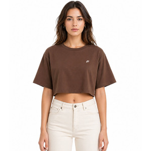Women's Brown Cropped Crew Neck T-Shirt Short Sleeve Loose Fit Solid Color Casual <b>Top</b> for Everyday Wear women's shirt USA - Product Image 1