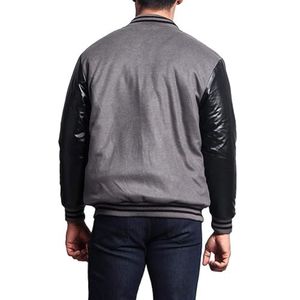 Veste de baseball en laine mélangée, style varsity, avec corps texturé gris et manches noires, uniforme personnalisé pour hommes - Product Image 2