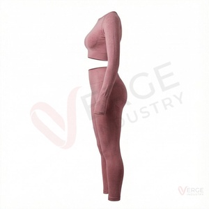 Ensemble 2 pièces pour femme : Crop top rose poudré à manches longues et leggings taille haute avec trous pour les pouces, idéal pour le yoga - Product Image 3