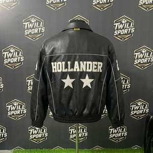 Blouson Bomber en Cuir Noir pour Homme Hollander, Motif Lettres Brodé, Étoiles, Numéro 24, Style Universitaire, Vêtement d'Automne - Product Image 5