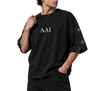 Luxury <b>Rhinestone</b> Sleeve Shirts For Mens Oversized Solid Color Crew neck Casual Streetwear <b>Top</b> Premium 100% Cotton Clothing OEM - Product Image 1