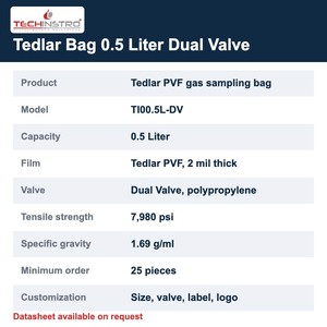 ถุงเก็บตัวอย่างก๊าซ TECHINSTRO Tedlar ขนาด 0.5 ลิตร ฟิล์ม PVF วาล์วคู่ ป้องกันการรั่วซึม สำหรับการเก็บตัวอย่างก๊าซในอากาศ VOC และดิน - Product Image 6