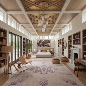 Tapis moderne tufté à la main, beige doux avec motif plume sculpté à la main en violet et motif mandala central - Product Image 6