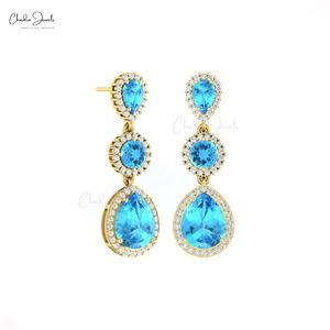 Three Stone Halo <b>Earrings</b> 6.14 CTW Prong Set Swiss Blue Topaz & Diamond Dangling Drop <b>Earrings</b> with Solid 14k Gold Wholesale Lot - Product Image 1