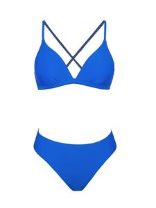 Ensemble bikini femme taille haute couleur unie avec soutien-gorge triangle rembourré amovible en tissu côtelé extensible et décolleté plongeant en V push-up - Product Image 2