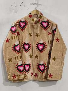 <b>Women</b> Beige Suzani <b>Velvet</b> Jacket Handmade Sacred Heart Embroidery Artisan Boho Statement <b>Coat</b> Ethnic Wholesale Outerwear - Product Image 1