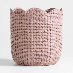 Customized Scalloped Rim Water Hyacinth Basket Hand Woven Storage Bin Laundry <b>Hamper</b> with Pink Finish Home Decor <b>Box</b> New - Product Image 4