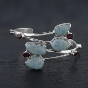 925 Sterling Silver Larimar Cuff Bracelet Natural Blue Larimar with Garnet Accents Handmade Statement Bangle Jewelry - Product Image 2