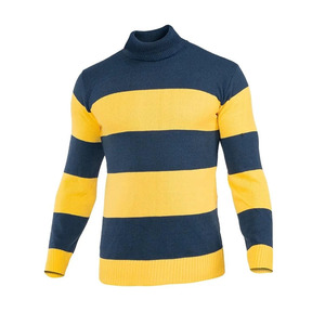 T-shirt à col roulé en tricot pour homme, rayé, manches longues, coupe décontractée, bleu marine et jaune, color block - Product Image 1