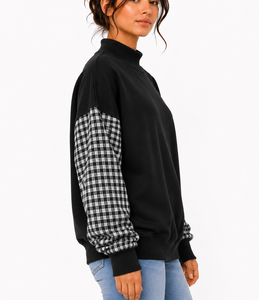 Sudadera Oversize de Cuello Alto para Mujer, Personalizada por el Fabricante, con Bordado de Letras en Gingham y Mangas con Patchwork, Estilo Casual - Product Image 2