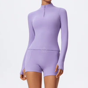 Conjunto de yoga de 2 piezas sin costuras para mujer, leggings de cintura alta y largo completo, cuello alto, cremallera frontal, manga larga, para gimnasio, fitness y entrenamiento - Product Image 3