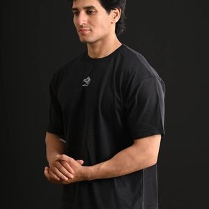 Men's Black Cotton T-Shirt Crew Neck Short Sleeve Embroidered Logo Front Plain Dyed Breathable Regular Fit All Seasons - Product Image 1