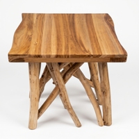 Mesa de Centro Moderna Rústica de Madera Maciza de Teca con Bordes Naturales y Patas de Rama, Mueble Portátil Hecho a Mano para Sala de Estar