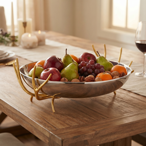Elegante Centro de Mesa de Metal con Soporte de Cuernos Dorados y Frutero Plateado, para Decoración Moderna del Hogar, Mesas de Comedor y Hoteles - Product Image 1