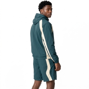 Ensemble de survêtement sportif pour homme en tissu technique bleu marine, 2 pièces, sans couture, à séchage rapide, 100% polyester, veste et short, printemps, athlétique - Product Image 2