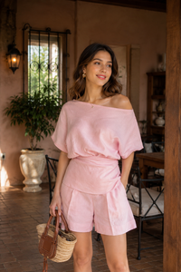 Vestido Peplum Moderno de Chifón Rosa Mini, de un Solo Hombro, con Lazo en la Espalda, Cintura Ajustada, Manga Corta, Casual, de Verano, para Mujer - Product Image 5