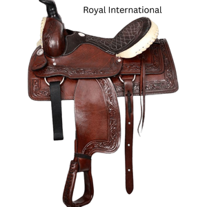 Selle de cheval western en cuir marron artisanal de qualité supérieure, sculptée, équipement d'équitation confortable avec siège rembourré, durable pour ranch et sentiers - Product Image 1