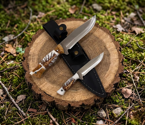 Ensemble de couteaux de chasse faits main sur mesure, lames fixes en acier à haute teneur en carbone avec manche en résine de cône de pin, étui en cuir, OEM ODM - Product Image 4