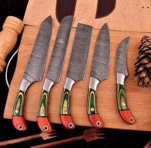 Juego de Cuchillos de Chef de Acero de Damasco de 5 Piezas, Forjados a Mano por Steel Craft International, con Mangos de Madera, Hojas Afiladas, Ambidiestros - Product Image 1