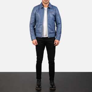 Veste en cuir bleue personnalisée pour homme, veste de moto classique à fermeture éclair, veste en cuir bleue classique, étiquette privée personnalisée - Product Image 3