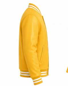 เสื้อแจ็คเก็ตวาร์ซิตี้สีเหลืองสำหรับผู้ชาย แต่งขอบสีขาว ทรงปกติ ปิดด้วยกระดุม เหมาะสำหรับใส่ในฤดูใบไม้ร่วง - Product Image 2