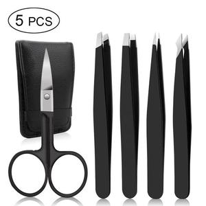 Pinzas Profesionales de Acero Inoxidable de Alta Calidad y Peso Ligero para Cejas, con Agarre Perfecto, Estuche de Cuero, 5 Piezas, Punta Inclinada - Product Image 1