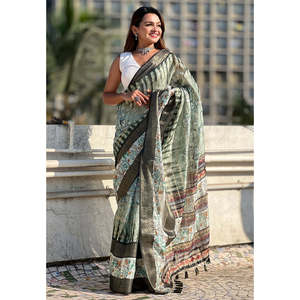 Sari en soie Chanderi froissée Elite Weaves avec bordure jacquard tissée Zari et motifs floraux, idéal pour les fêtes indiennes et pakistanaises estivales. - Product Image 2