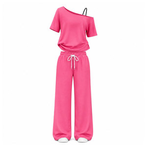 Women's Red Asymmetrical Off Shoulder Top With Wide Leg Pants 2 Piece Casual <b>Set</b> Loose Fit Full Length Solid Color <b>Knitted</b> Wear - Product Image 5