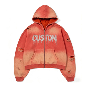Prix d'usine 2026 – Sweat à capuche zippé pour homme, effet vieilli, délavé à l'acide, avec lettres en strass, style Hip Hop Streetwear, OEM ODM - Product Image 1