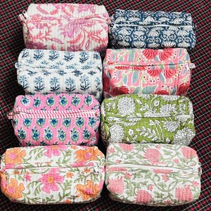 Ensemble de trousses de toilette classiques en coton bleu à motifs floraux avec fermeture éclair, pochettes de maquillage portables pour le voyage et le rangement personnel - Product Image 5