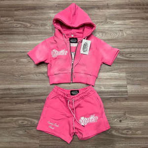 Conjuntos Deportivos Personalizados con Efecto Desgastado, Sudadera con Cierre y Pantalones Cortos, Traje Deportivo Vintage para Mujer - Product Image 3