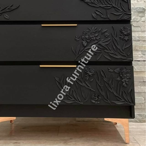 Luxury Handcrafted Solid Wood 3 Drawer Dresser Ornate Floral Branch Relief Carving Matte Black Finish - Product Image 5